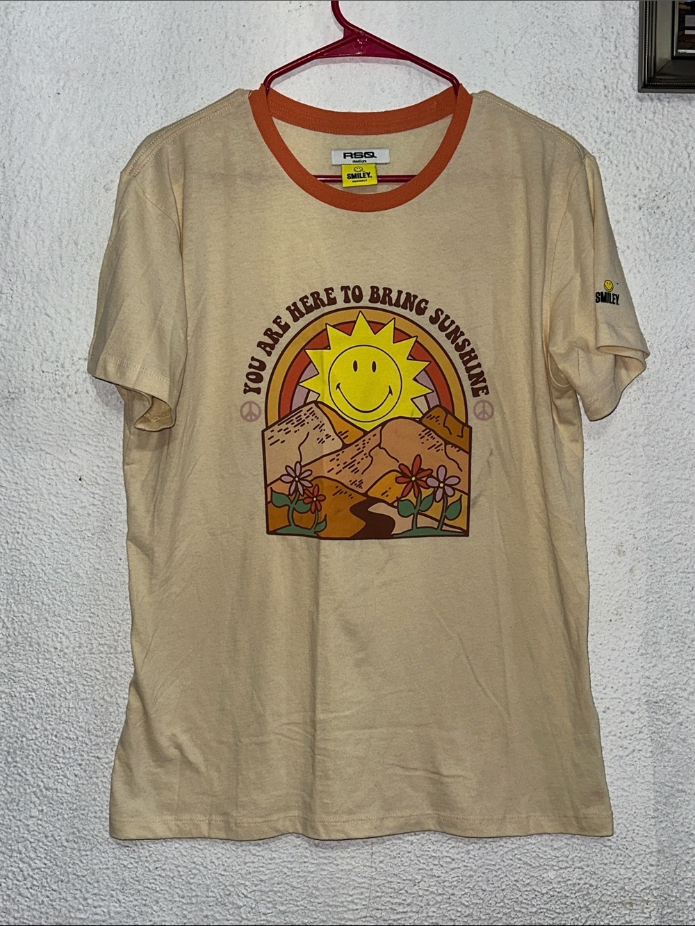 RSQ Cream Graphic Tee with Orange Trim and Yellow Sun